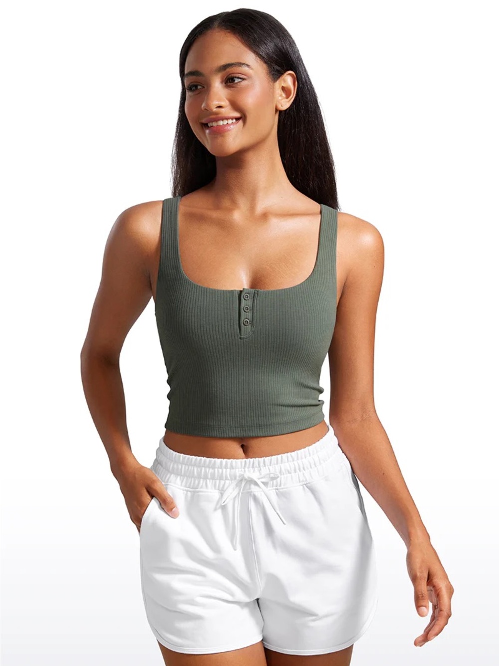 Ribbed Henley Neck Built in Bra Tank